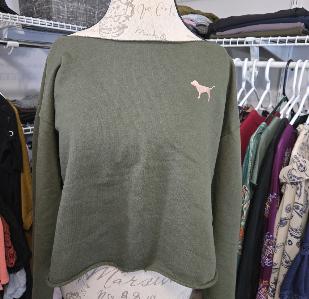 PINK Victoria's Secret Olive Green Off-the-Shoulder Sweater with Pink Dog Logo